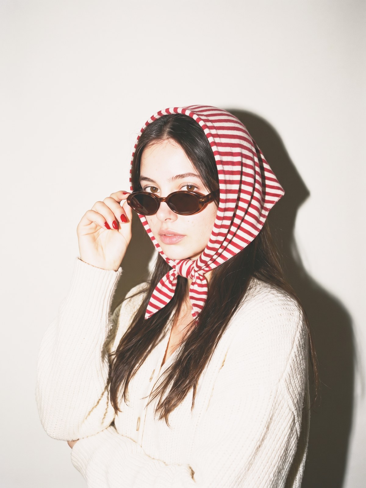 Striped Knit Kerchief — Red & Cream